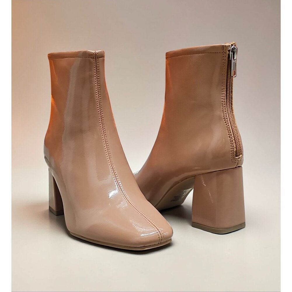 Camel Patent Leather Square Toe Block Heel Ankle Boots With Back Zipper Closure